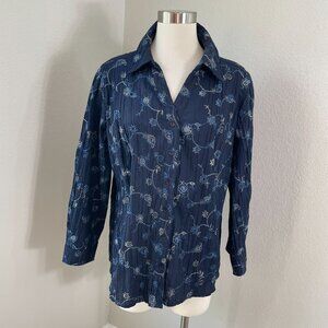 Liz & Me Catherines Womens Plus 1XWP Petite Blue Floral Button Up Crinkled Shirt